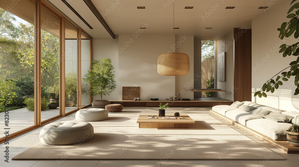 Minimalist Scandinavian living room with a focus on natural materials. Include a sleek, white-oak media console, a modular sofa, and a statement pendant light. Minimalist Scandinavian living room with a focus on natural materials. Include a sleek, white-oak media console, a modular sofa, and a statement pendant light.