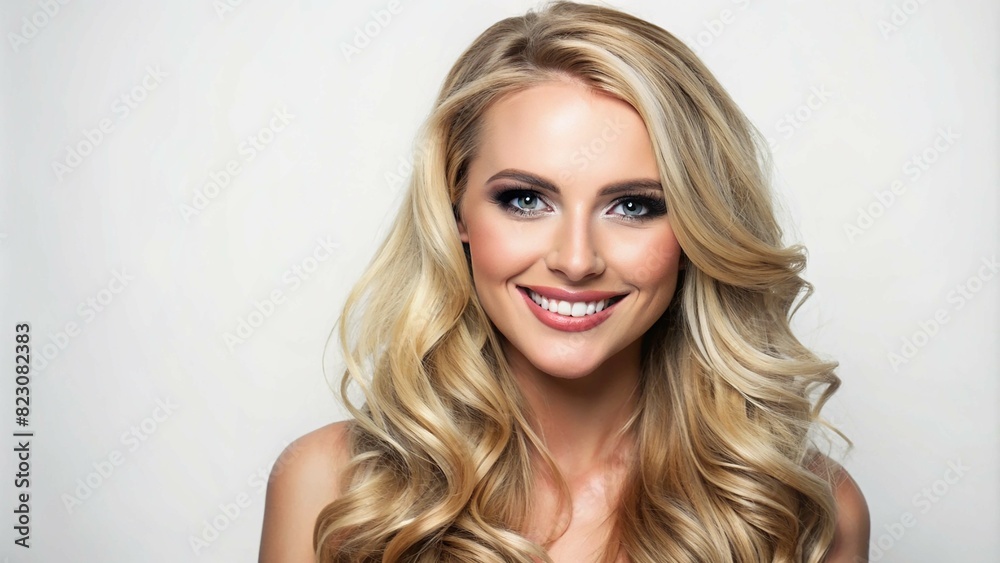 Smiling blonde woman portrait with fresh makeup and long hair on white background copy space
Smiling blonde woman portrait with fresh makeup and long hair on white background copy space