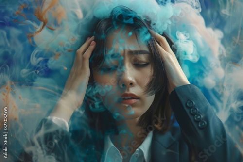 Concept Burnout Syndrome. Business Woman feels uncomfortable working. Which is caused by stress, accumulated from unsuccessful work And less resting body. Consult a specialist psychiatrist photo