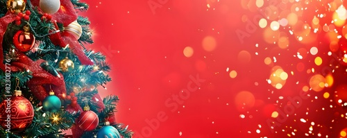Christmas Tree with Colorful Ornaments on Red Background
