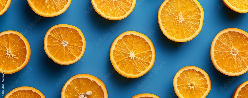 Obraz premium Pattern of fresh orange slices against a vibrant blue background