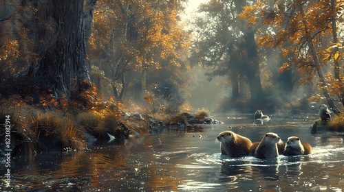 Amidst towering redwoods of California a family of otters frolics in the cool waters of a meandering river photo