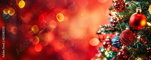 Colorful Christmas Tree on Red Background with Bokeh