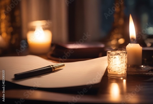 AI generated illustration of a pen resting on paper next to a burning candle photo
