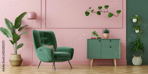 Beautiful luxury classic blue green clean interior room in classic style with green soft armchair, 