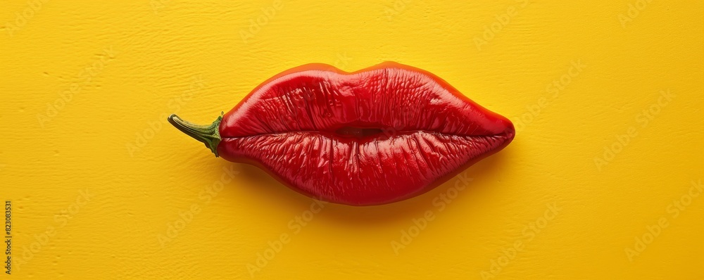 Red chili pepper shaped like lips on a vibrant yellow background Red chili pepper shaped like lips on a vibrant yellow background