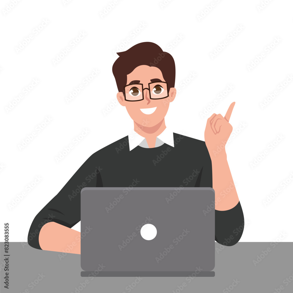 Young man pointing idea while operating a laptop. Flat vector illustration isolated on white background Young man pointing idea while operating a laptop. Flat vector illustration isolated on white background