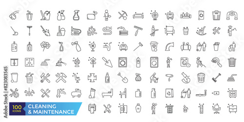 House Cleaning and Maintenance Icons Set. Broom, Dustpan, Vacuum cleaner. Simple Icons Vector Collection. Editable ui stroke.