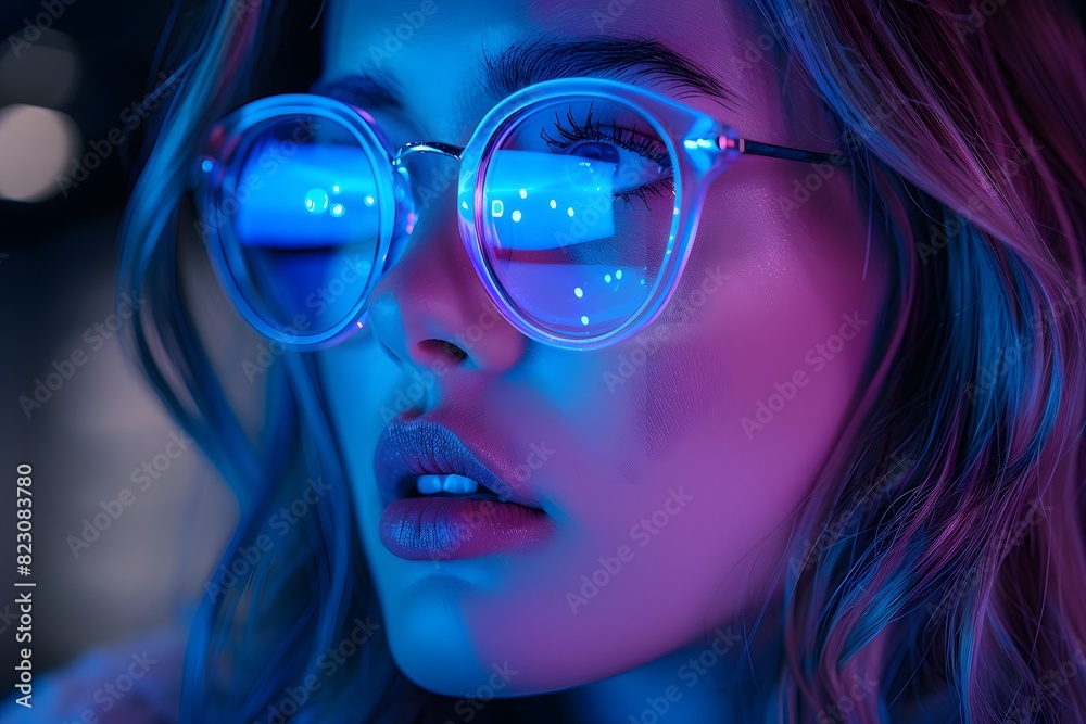 Φωτογραφία Portrait of Young Woman in Stylish Glasses with Neon Light Reflection - Fashion