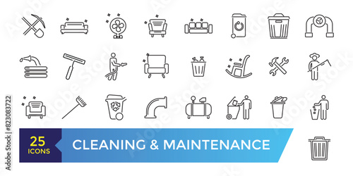 House Cleaning and Maintenance Icons Set. Broom, Dustpan, Vacuum cleaner. Simple Icons Vector Collection. Editable ui stroke.