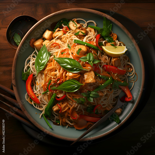 Stir fried noodles with chicken and vegetables in a bowl.