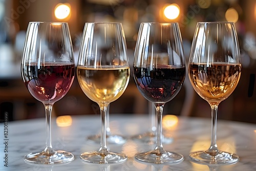 Wine Tasting Variety with Red, White, and Rose in Elegant Glasses at a Cozy Bar Setting