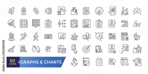 Financial Analytics Related Graph and Charts Vector Line Icons. Simple line art style icons pack. Editable UI and web stroke.
