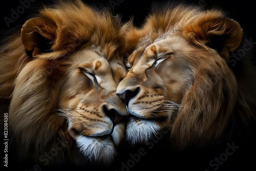 Close-Up Portrait of Two Lions in Embrace - Wildlife, Love, and Bonding - Ideal for Posters and Nature Art