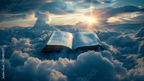Open Christian book floating among fluffy clouds, gentle light beams, tranquil and serene setting, ultimate relaxation