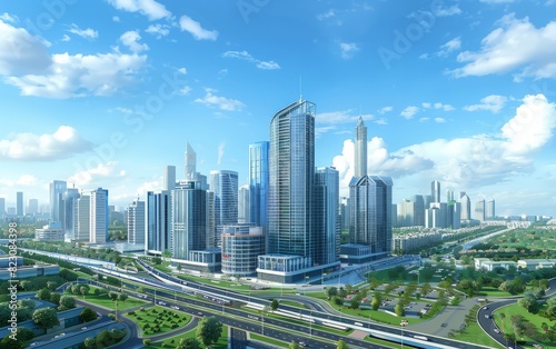 3D rendering of modern skyscrapers in the city center, with clear blue skies and urban buildings