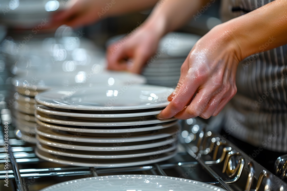 Close-Up of Hands Stacking Plates in Dishwasher - Kitchen Cleanliness and Organization Close-Up of Hands Stacking Plates in Dishwasher - Kitchen Cleanliness and Organization