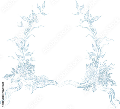 Wedding monogram  with tender blue roses flower and leaves.