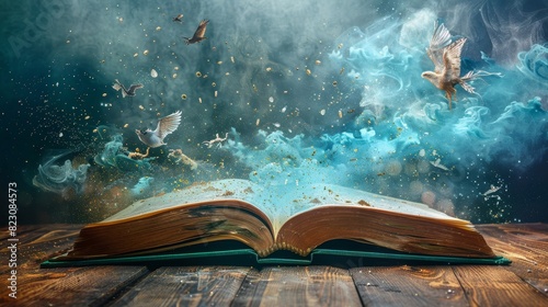Open book with swirling fairy dust, magical animals, and enchanted scenery jumping out, on a polished wooden table photo