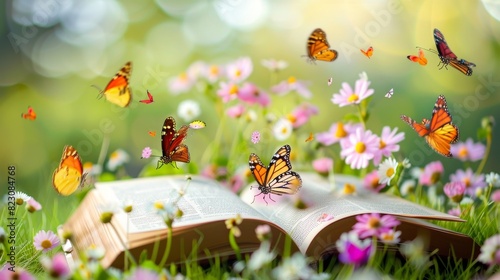 Open book with blooming flowers and a flurry of vibrant butterflies in spring