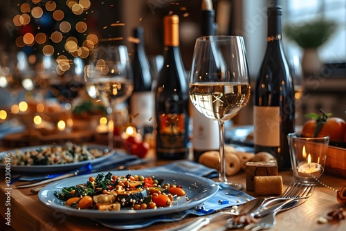 Elegant Holiday Dinner with Wine and Candlelight: Gourmet Cuisine and Festive Table Setting