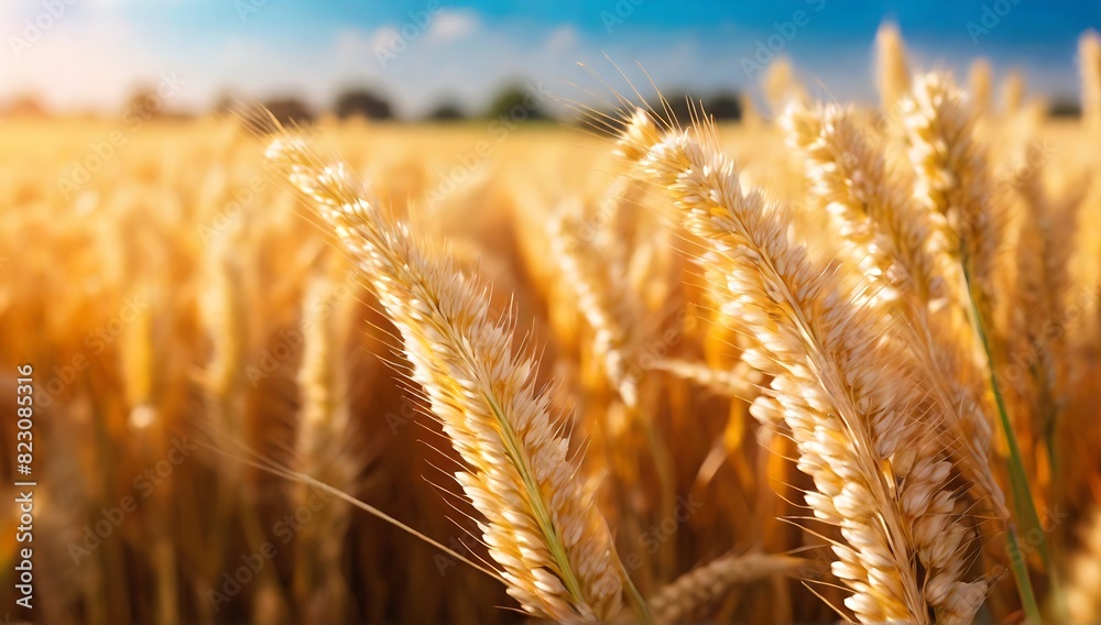Beautiful wheat field in the sunset light. Golden ears during harvest, macro, banner format. Autumn agriculture landscape., ai generative Beautiful wheat field in the sunset light. Golden ears during harvest, macro, banner format. Autumn agriculture landscape., ai generative