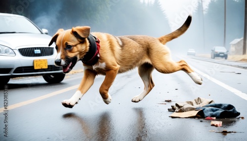 An alert tan dog with a red collar hastily navigates across a wet road, avoiding traffic on a foggy day.. AI Generation