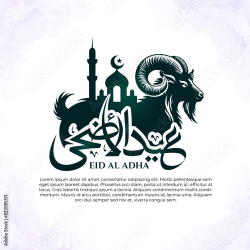 greeting card of eid al adha with a goat and mosque vector illustration