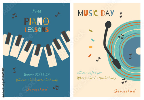 Musical printable posters set. Vector flat illustrations with music plate, piano and notes. Music class flyers for print.