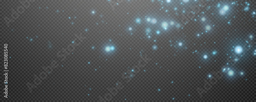 Christmas glowing bokeh confetti light and glitter texture overlay for your design. Festive sparkling blue dust png. Holiday powder dust for cards, invitations, banners, advertising.