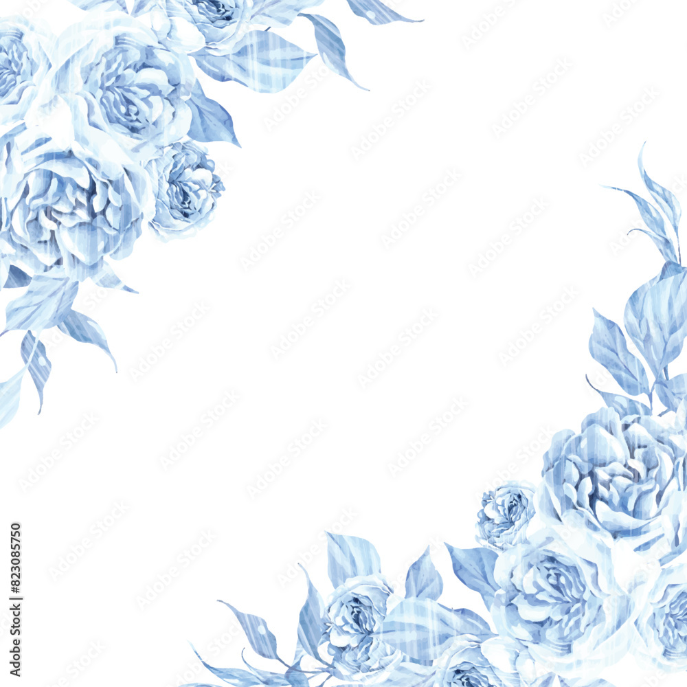 Watercolor wedding card with tender blue roses flower and leaves. Watercolor wedding card with tender blue roses flower and leaves.