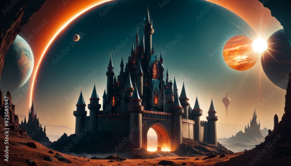 A majestic fantasy castle stands on an alien world, under a sky with multiple celestial bodies, stirring the imagination.. AI Generation A majestic fantasy castle stands on an alien world, under a sky with multiple celestial bodies, stirring the imagination.. AI Generation