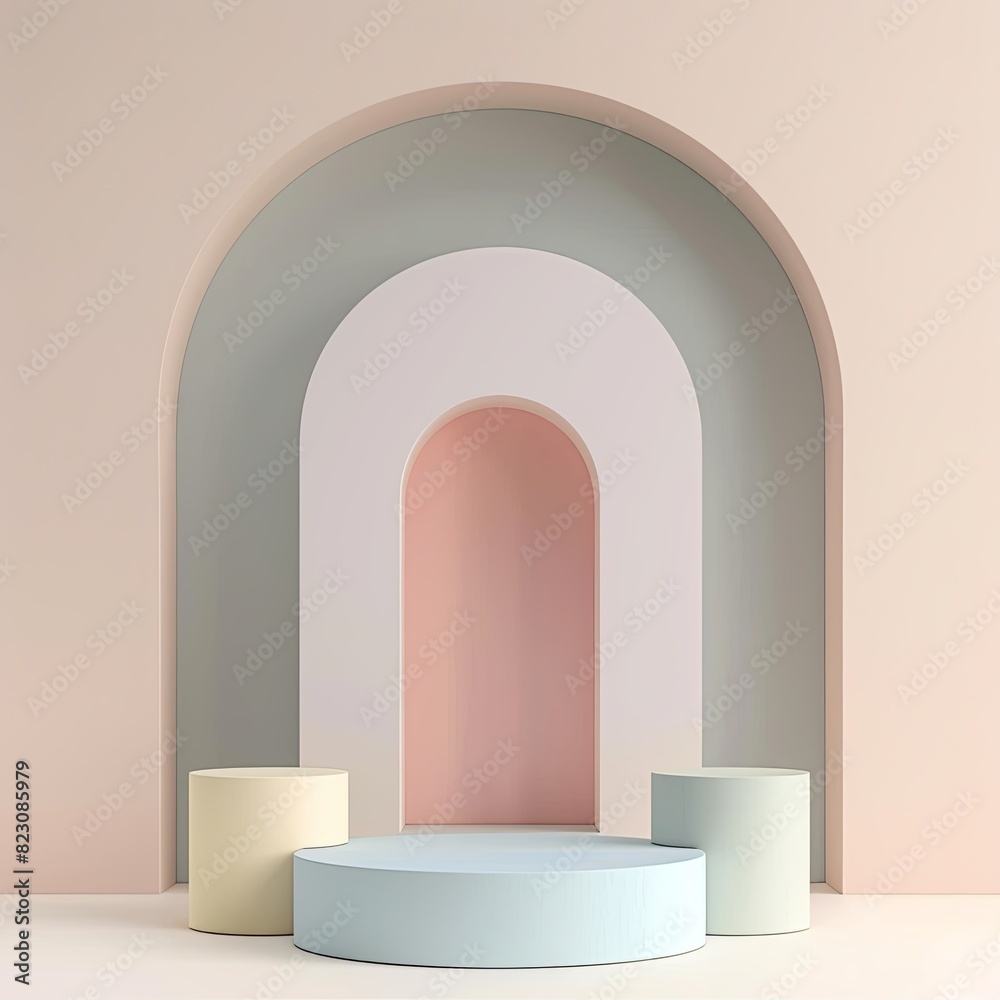 Minimalistic 3D rendering of a sleek podium with a pastel backdrop Minimalistic 3D rendering of a sleek podium with a pastel backdrop
