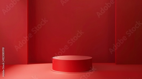 Sleek podium with vibrant red backdrop. Minimalistic 3D rendering concept