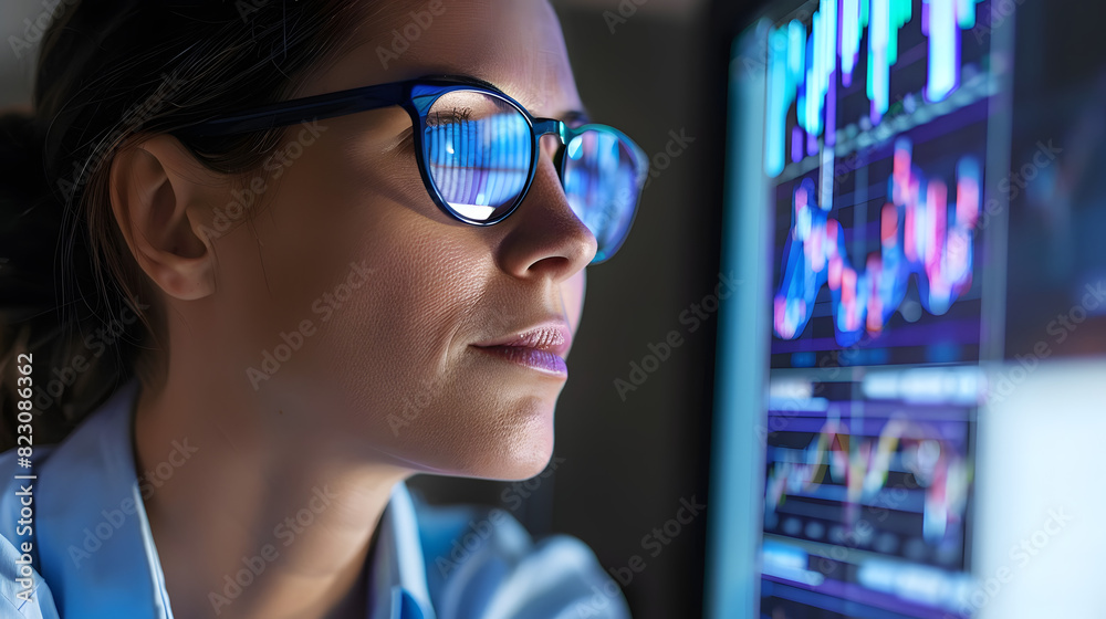 Female expert in glasses looking at screen with financial data Female expert in glasses looking at screen with financial data