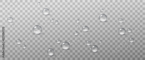 Realistic vector water drops png on a transparent light background. Water condensation on the surface with light reflection and realistic shadow. 3d vector illustration