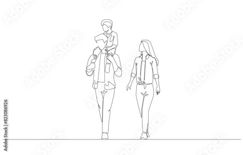 Continuous one line drawing of father walking with mother while lifting his son on shoulder, happy family concept, single line art.