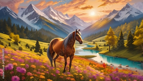 horse in mountain landscape ai generated