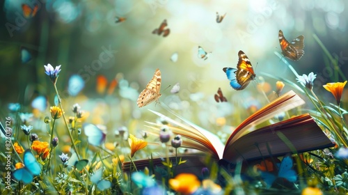 Open book in a spring meadow, surrounded by colorful butterflies flying gracefully