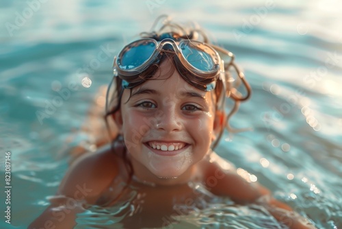 An elementary school age girl of Caucasian descent wearing a swimsuit and goggles, swims in the ocean water and smiles directly to the camera 