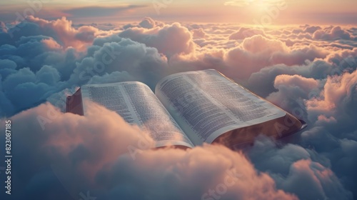 Open Bible with a soft glow, resting on a bed of clouds, calm sky, ultimate relaxation photo