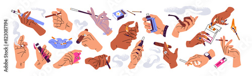Hands with cigarettes set. People hold different burning cigars, ecigarettes, vapes, smoke pipe. Cig pack, ashtray with stubs, lighters, matches. Flat isolated vector illustrations on white background © Paper Trident