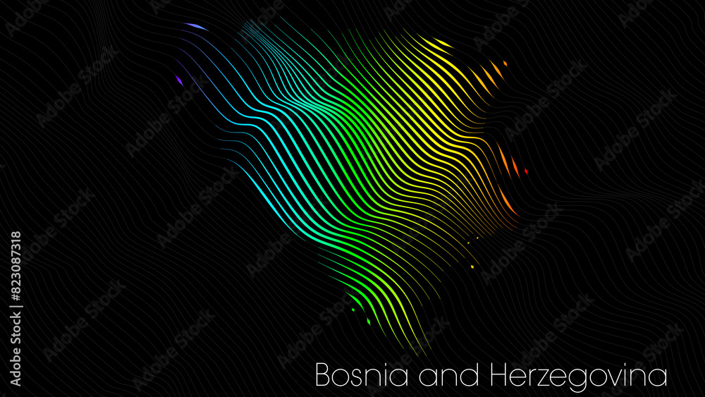 A map of Bosnia and Herzegovina is presented in the form of colorful vertical lines against a dark background. The country's borders are depicted in the shape of a rainbow-colored diagram. A map of Bosnia and Herzegovina is presented in the form of colorful vertical lines against a dark background. The country's borders are depicted in the shape of a rainbow-colored diagram.