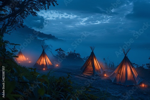 a group of tents with lights on