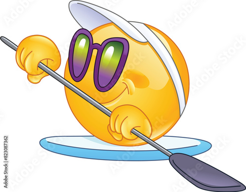 Happy Emoticon on a SUP Paddle Board Wearing Sunglasses and a Visor Cap