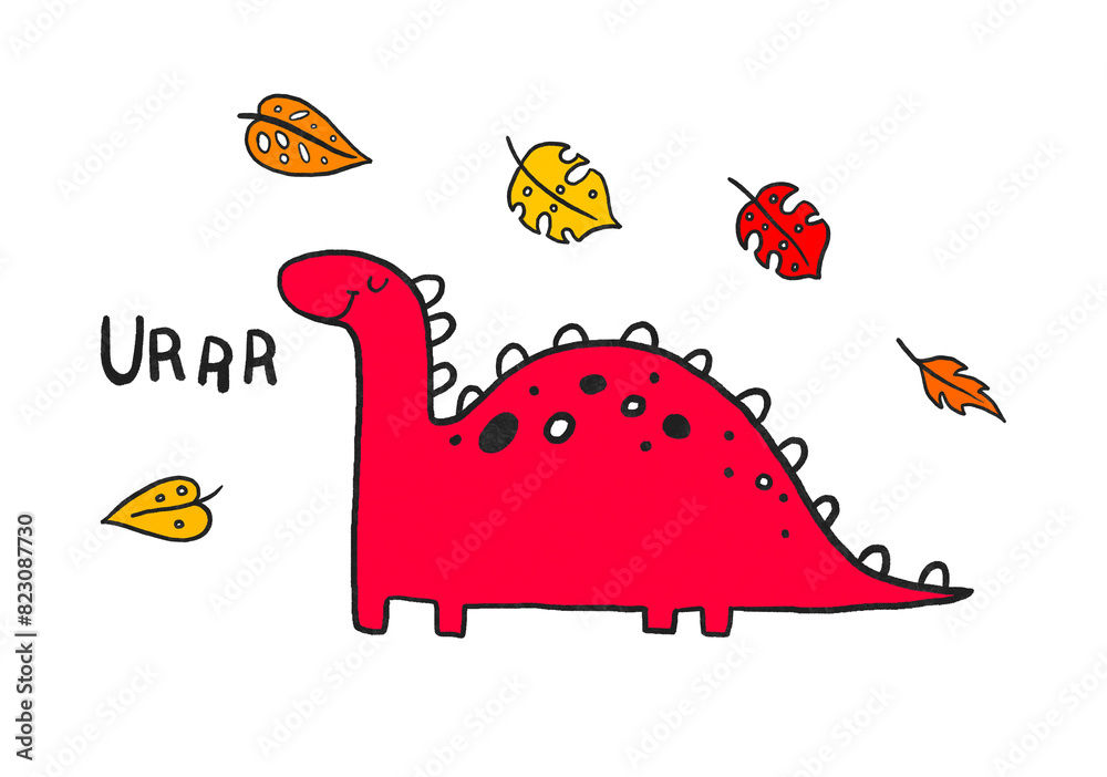 Red hand drawn doodle dinosaur with leaves.  Dino monster. Card and poster for children. Childish composition with brontosaurus