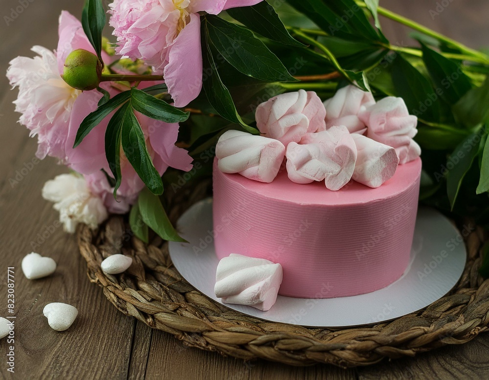 pink peonies and pink cake with marshmallows pink peonies and pink cake with marshmallows