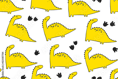 Seamless pattern with yellow cartoon doodle dino. Childish endless background for textile, wrapping paper, nursery. Dinosaur  and botanical background