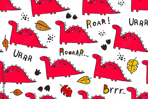 Seamless pattern with red cartoon doodle dino. Childish endless background for textile, wrapping paper, nursery. Dinosaur  background  for baby