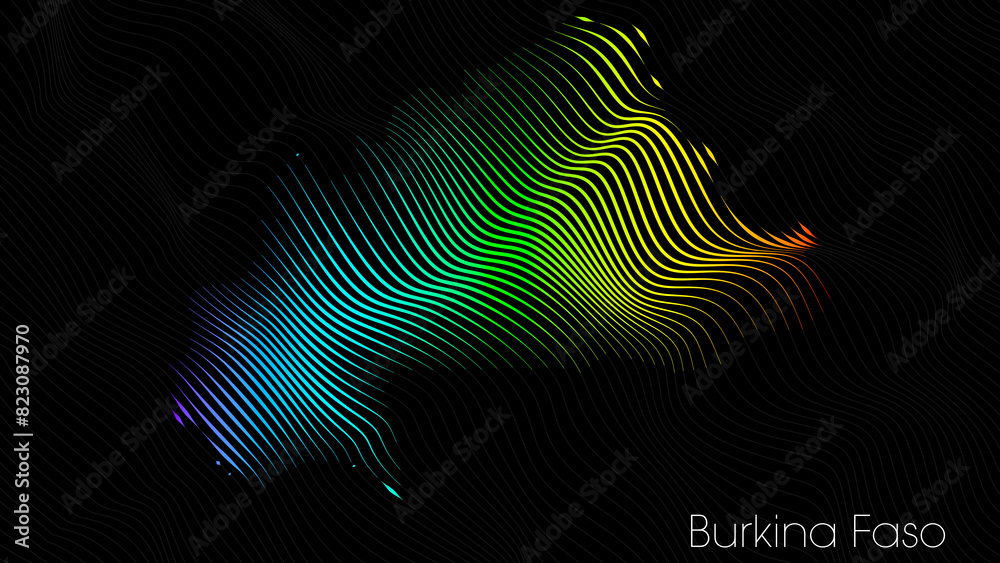 A map of Burkina Faso is presented in the form of colorful vertical lines against a dark background. The country's borders are depicted in the shape of a rainbow-colored diagram. A map of Burkina Faso is presented in the form of colorful vertical lines against a dark background. The country's borders are depicted in the shape of a rainbow-colored diagram.